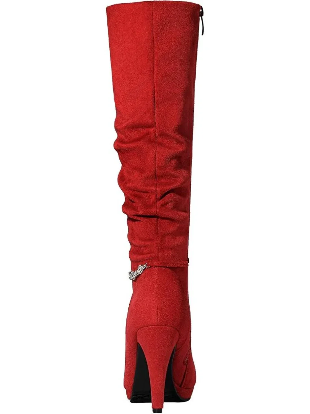 Women's Red Stiletto Heel Rhinestone Chain Side Zipper Knee High Boots
